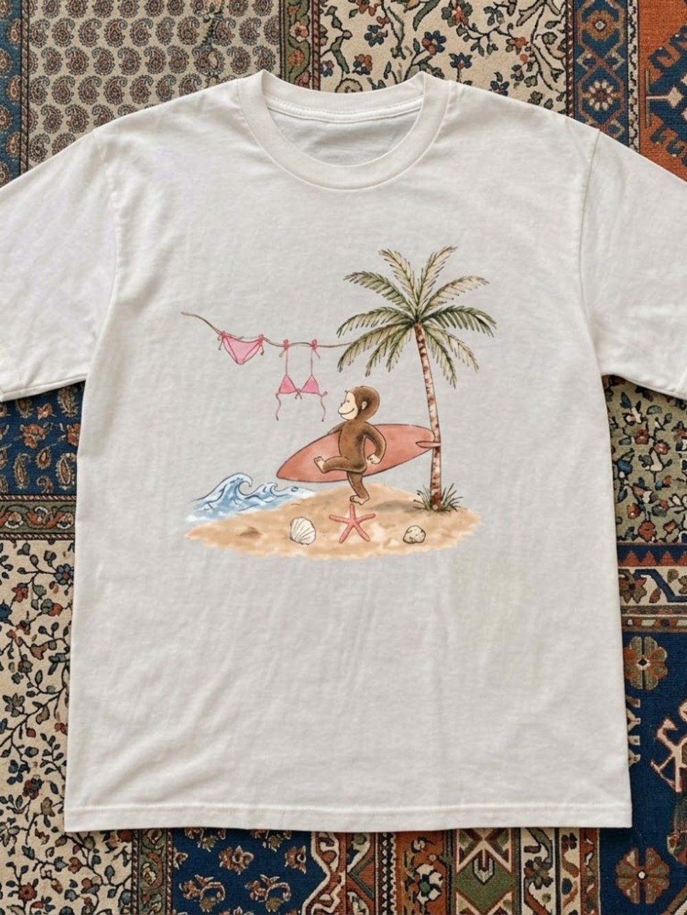 White T-Shirt with Surfing Monkey Beach Graphic
